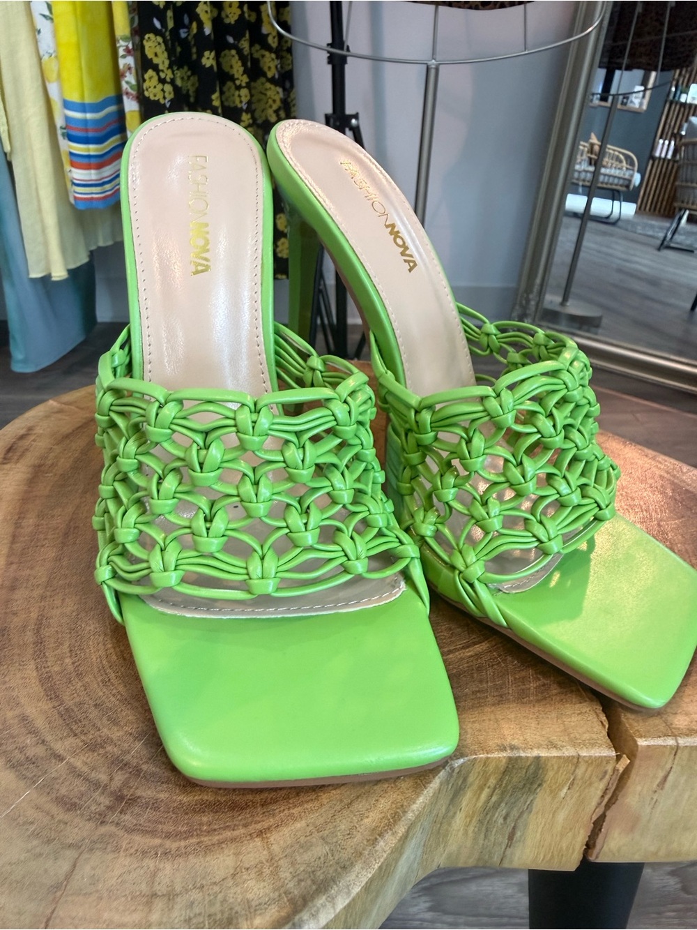Fashion Nova Neon Green Woven Slide Heels